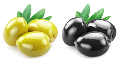 Two groups of different table olives with olive leaves isolated on white background.