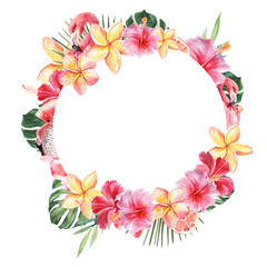 Fototapeta premium Bright juicy illustration on the theme of tropical plants and flamingos. Round frame. Watercolor drawing by hand on a white background.