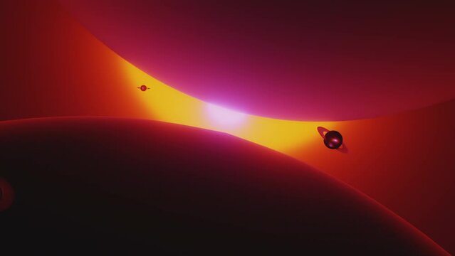 Slow motion space flight animated background. Glowing neon, warm, red, purple colors. 3D animation. Space travel, cosmos exploration concept. Flying toward the sun. Sci fi, science fiction backdrop. 