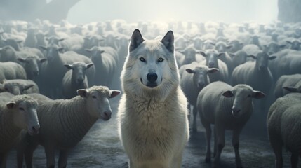 A wolf standing a flock of sheep, Generative AI.