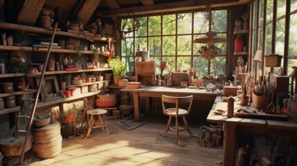 Obraz na płótnie Canvas A woodworking and craft room with a rustic, Generative AI.