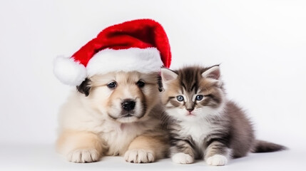 Cute fluffy ginger kitten and puppy in santa claus hat, close-up light background copy space. New Year, holiday concept
