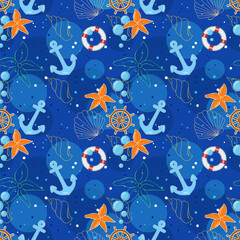 Naklejka na ściany i meble Vector seamless pattern with sea elements: anchors, wheels, lifebuoy and seashells