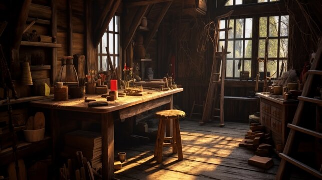 A woodworking work desk in a rustic room by the window, Generative AI.