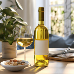 Bottle of wine on table in restaurant. Mockup for design