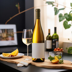 Bottle and glass of white wine on wooden board in modern kitchen