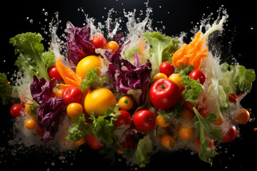 Fresh vegetables and fruits with water droplets exploding on black background, healthy eating concept, AI Generated