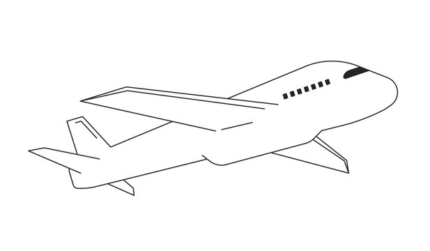 Airplane flying flat monochrome isolated vector object. Passenger plane flight. Air travel. Editable black and white line art drawing. Simple outline spot illustration for web graphic design