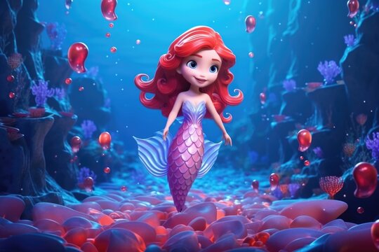 3d Cartoon Enchanted Underwater World with a Cheerful Mermaid generative AI