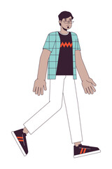 Arab man in eyeglasses walking flat line color vector character. Editable outline full body person on white. Glasses arabic male smiling simple cartoon spot illustration for web graphic design