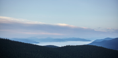 Carpathians, mountains in the fog, landscape of summer landscapes