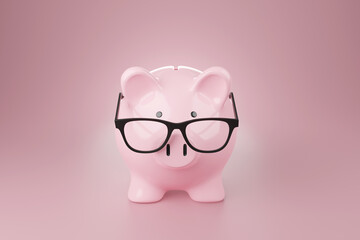 Pink piggy bank wearing and slipping down a black glasses on pink background. Illustration of the concept of pension funds for retirement