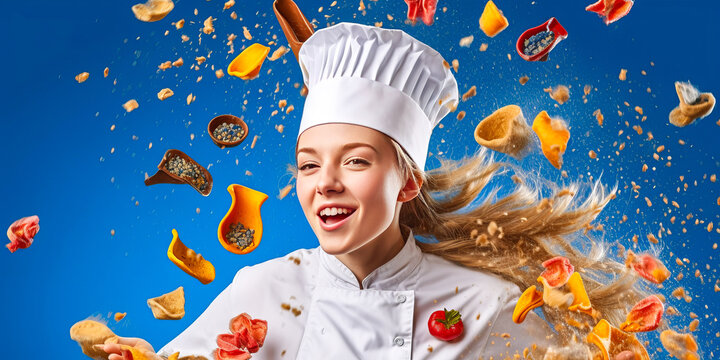 Dynamic young chef in a spirited display of culinary creativity, blurring colorfu ingredients into an airborne delight against a vibrant blue backdrop. Generative AI