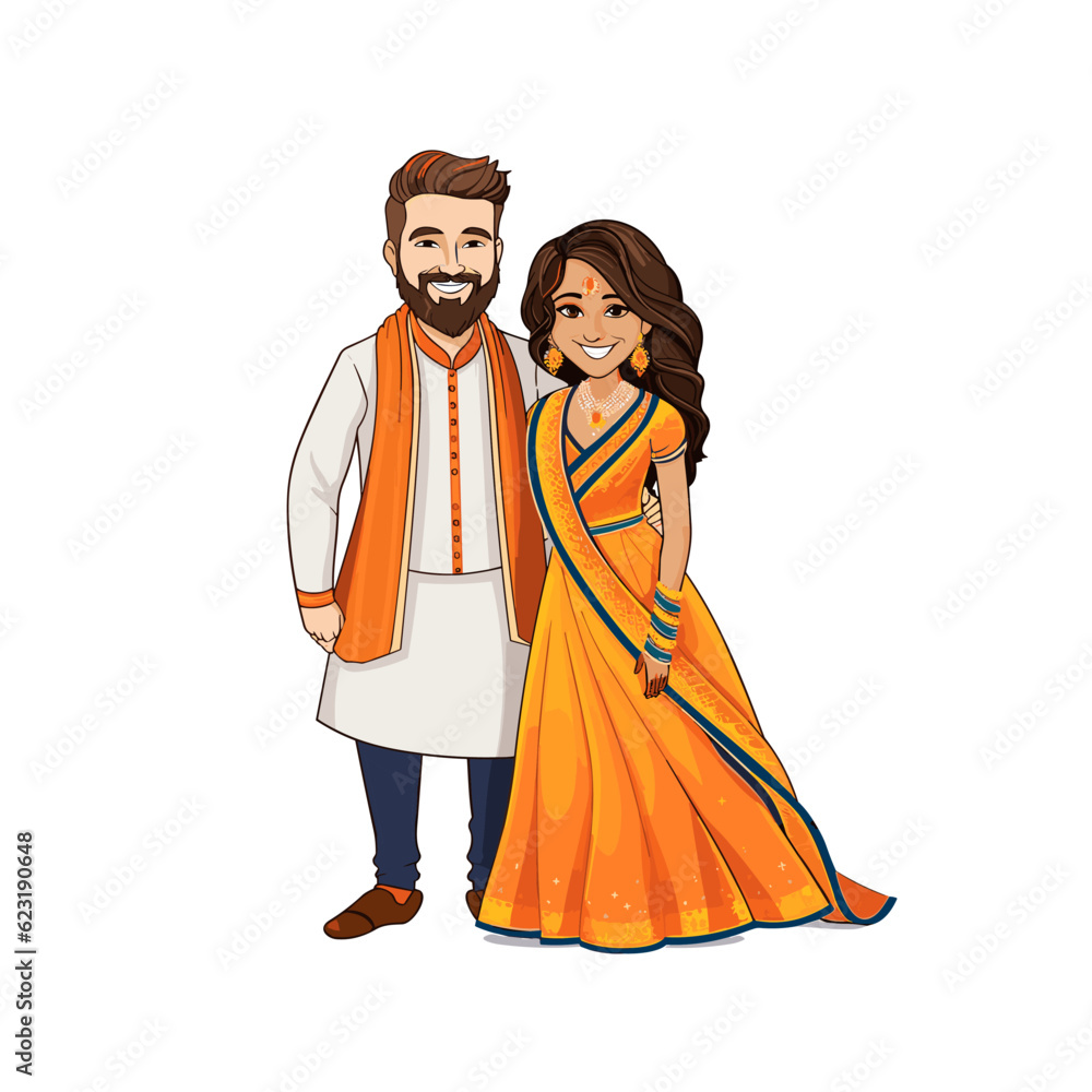 Wall mural Indian couple hand-drawn comic illustration. Indian couple. Vector doodle style cartoon illustration