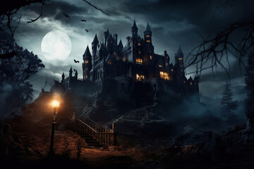 Fototapeta premium Halloween, hunted spooky, horror house in a dark black forest, horror, generative ai