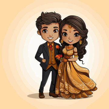 Indian couple hand-drawn comic illustration. Indian couple. Vector doodle style cartoon illustration