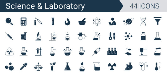 Science and Laboratory Icon Set. Chemistry and microbiology lab research, glassware, beakers, test tube, icons vector