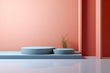 Fototapeta na wymiar 3d rendering of minimal geometric forms. Pink and blue podiums for product presentation in minimal design.