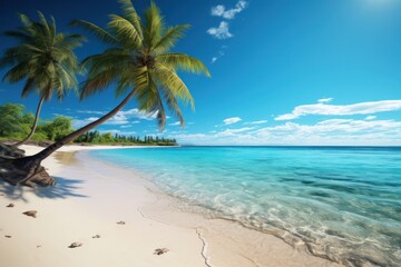 Fototapeta na wymiar Tropical beach with coconut palm trees and blue sky background.