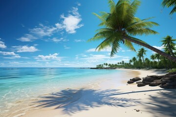 Tropical beach with coconut palm trees and blue sky background.