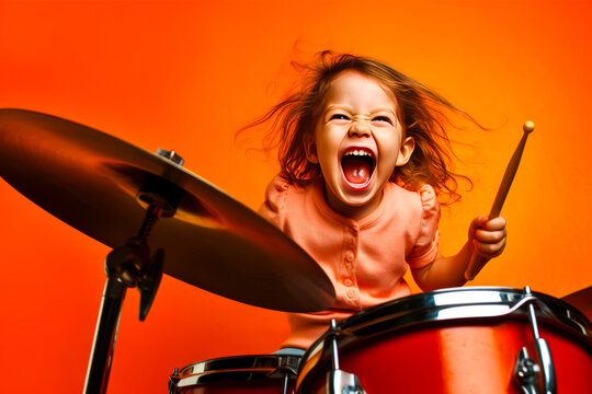 Vibrant little girl energetically drumming, showcasing boundless child energy against bright orange background. Perfect representation of childhood self-expression. Generative AI