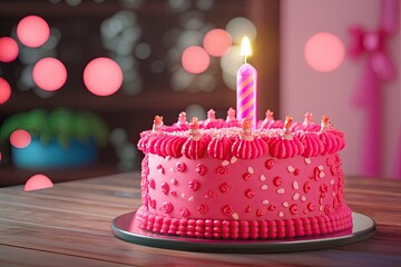 Pink birthday cake with candle. Holiday celebration for a girl. Generative Ai