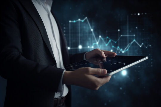 Businessman working on digital tablet with quality control growth graph and cost reduction effective business with generative AI technology