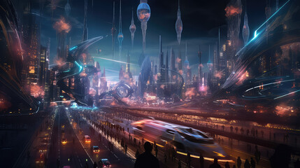 A bustling city at night watercolor illustration - Generative AI.