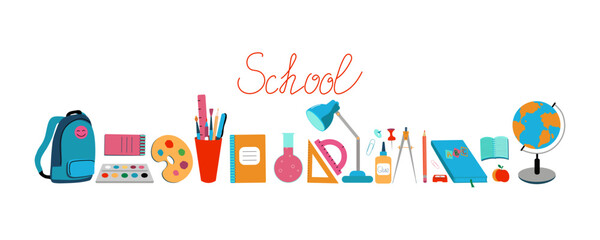 Stationery, accessories for study. Lettering, school, set of icons. Education. Color vector illustration. The background is isolated.