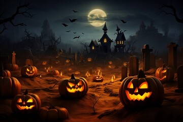 Halloween pumpkins and castle spooky in night of full moon
