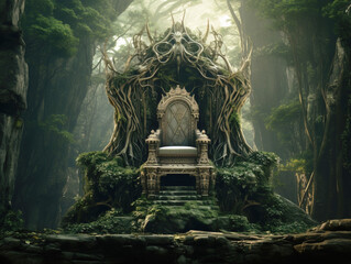 Decorated throne. The green throne standing in the forest.
