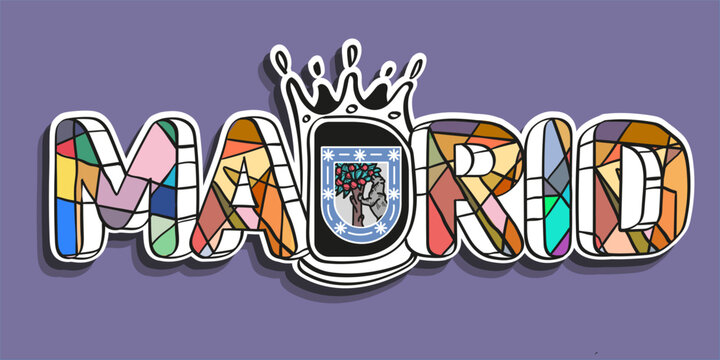 Madrid City Spain Hand Drawn Colorful Mosaic Cut Style Letters and integrated Coat of Arms Design as Illustration of The Statue of the Bear and the Strawberry Tree, Heraldic Symbol, Vector Graphics.