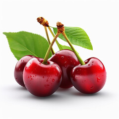 Group of Ripe Cherries with a Single Leaf