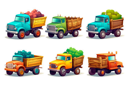 set farm pickup in cartoon style for video game isolated on white background.