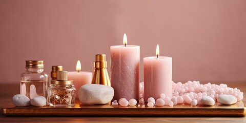 Beauty treatment items for spa procedures on pink wooden table and gold marble wall. massage...