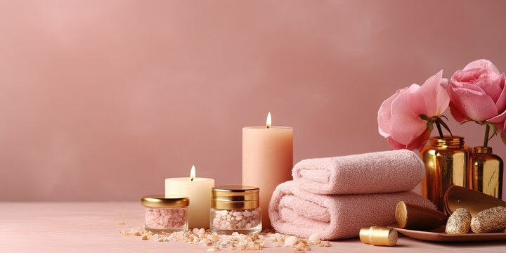 Beauty treatment items for spa procedures on pink wooden table and gold marble wall. massage stones, essential oils and sea salt. candle, rolled up white towel, plants, copy space