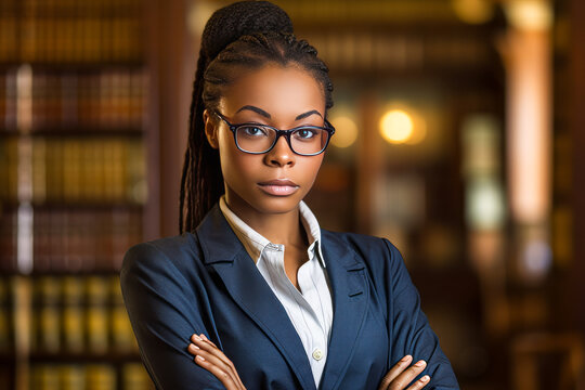Confident African woman, stylishly attired in legal professional attire, interestingly poised with crossed arms and wearing glasses. Embodying justice and legal protection. Generative AI