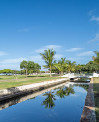 Fototapeta na wymiar Palm Trees Reflected in Blue Canal Water with a White Walking Bridge.