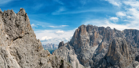 Dolomites, Italy - panorama of peaks of Sassolungo and Sassopiatto group, Selva di Val Gardena
