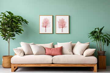 Empty light green Wall, Full of Potential: Modern beige Sofa and Stylish Decor Await Your Frames & Text - Minimalist Interior Living Room Design
