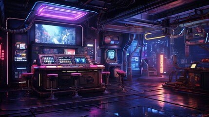 Generative AI, Cyberpunk style game bar or cafe. Night scene of big city, futuristic nostalgic 80s, 90s. Neon lights vibrant colors, photorealistic horizontal illustration.	
