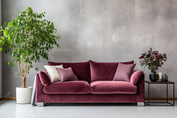Empty light gray Wall, Full of Potential: Modern burgundy Sofa and Stylish Decor Await Your Frames & Text - Minimalist Interior Living Room Design
