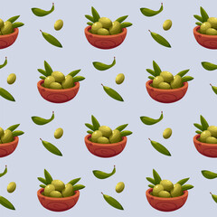Seamless Pattern with Olive Fruits with Wooden Bowl. Texture Background for Textile Design, Wallpaper, Packaging, Paper. Vector Illustration in Cartoon Style.