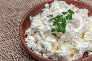 a plate of homemade cottage cheese with sour cream