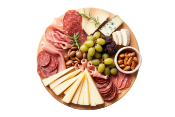 Cheese And Charcuterie Board On White Plate, On Isolated Transparent Background, Png. Generative AI