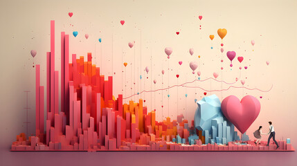 Statistics graph, colorful fun illustration, 3D style beautiful visualization. Love concept. Generative AI
