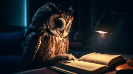 Generative AI, smart owl reads a book sitting at a table in the dark, science, literature, study, study, table lamp, evening light, student, knowledge, library, textbook, reading