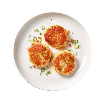 Crab Cakes On White Plate, On Isolated Transparent Background, Png. Generative AI