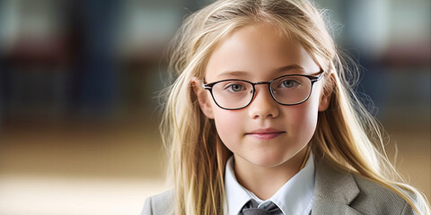 Engaging portrait of a confident, young blonde high school girl wearing glasses and uniform in a gymnasium setting. Generative AI