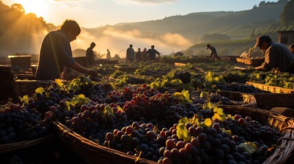 Aesthetic image of harvest in a French vineyard, generative ai - obrazy, fototapety, plakaty